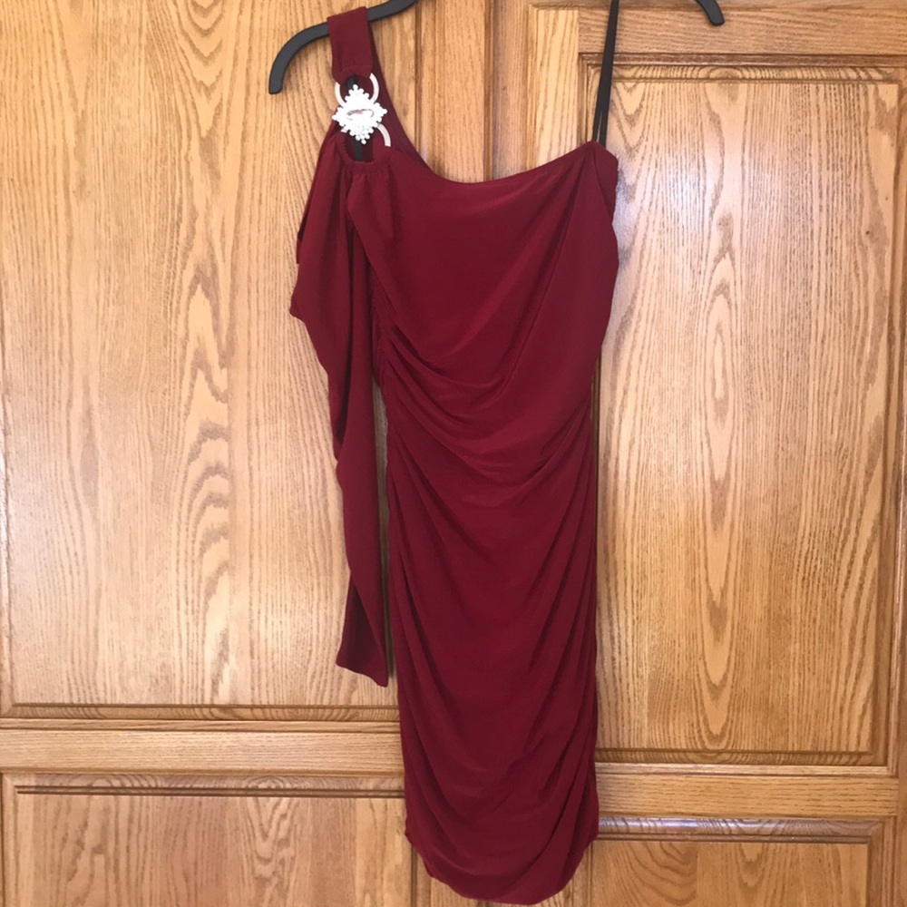 Deb one shoulder long sleeve maroon tight fitting  short dress